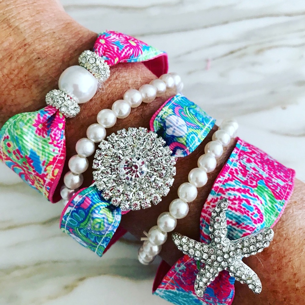 Rhinestone medallion Ribbon Bracelet Set